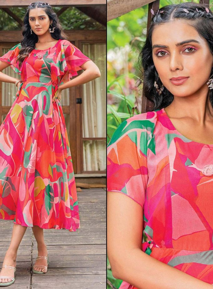 Pink Digital Abstract Printed Chiffon Dress