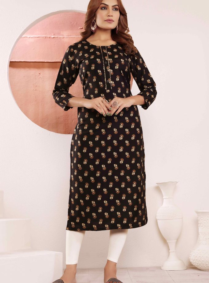 Black Floral Foil Printed Muslin Viscose Kurti