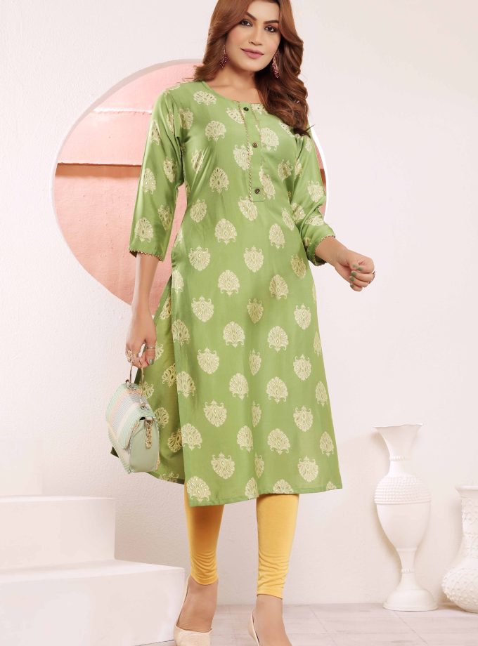 Green Floral Foil Printed Muslin Viscose Kurti