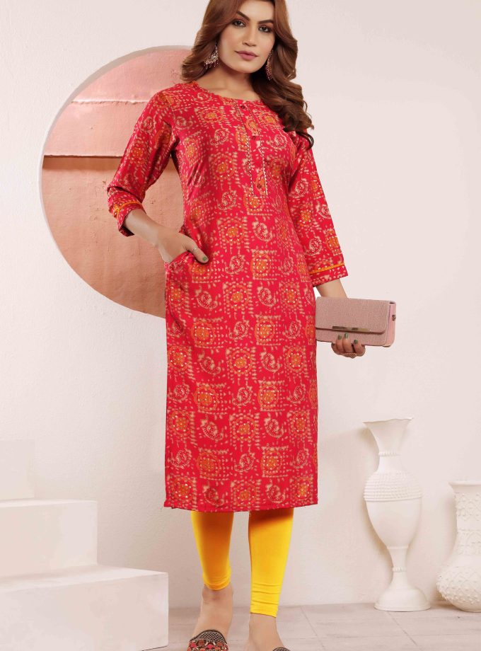 Rani Pink Foil Printed Muslin Viscose Kurti